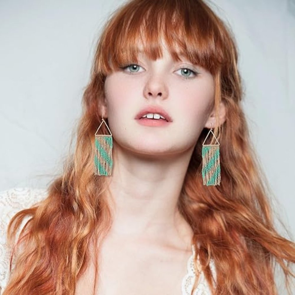 Long Triangle Beaded Fringe Earrings Aqua Turquoise Blue Gold Diagonal Geo New